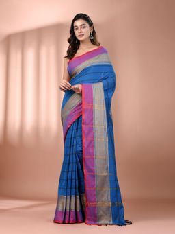 CHARUKRITI - Cobalt Blue Cotton Hand Spun Soft Texture Border Saree with Unstitched Blouse