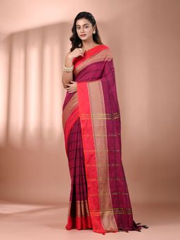 CHARUKRITI - Magenta Cotton Hand Spun Soft Texture Border Saree with Unstitched Blouse