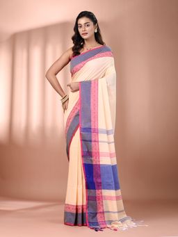 CHARUKRITI - Beige Cotton Hand Spun Soft Texture Border Saree with Unstitched Blouse