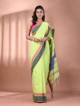 CHARUKRITI - Light Green Cotton Hand Spun Soft Texture Border Saree with Unstitched Blouse