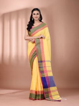 CHARUKRITI - Yellow Cotton Hand Spun Soft Texture Border Saree with Unstitched Blouse