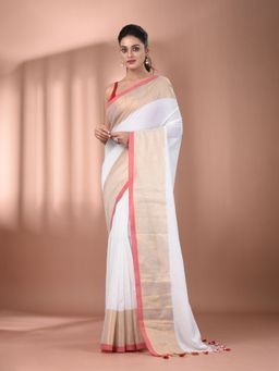 CHARUKRITI - White Cotton Hand Spun Soft Zari Border Saree with Unstitched Blouse