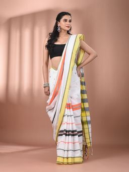 CHARUKRITI - White Cotton Hand Spun Soft Texture Border Saree with Unstitched Blouse