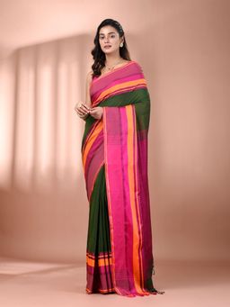 CHARUKRITI - Green Cotton Hand Spun Soft Texture Border Saree with Unstitched Blouse