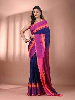 CHARUKRITI - Blue Cotton Hand Spun Soft Texture Border Saree with Unstitched Blouse