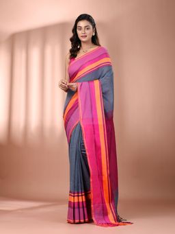 CHARUKRITI - Grey Cotton Hand Spun Soft Texture Border Saree with Unstitched Blouse
