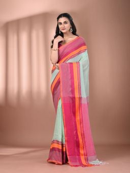 CHARUKRITI - Mint Green Cotton Hand Spun Soft Texture Border Saree with Unstitched Blouse