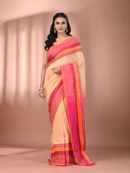 CHARUKRITI - Beige Cotton Hand Spun Soft Texture Border Saree with Unstitched Blouse