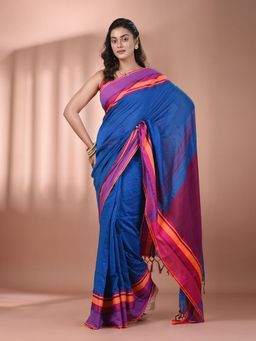 CHARUKRITI - Sapphire Blue Cotton Hand Spun Soft Texture Border Saree with Unstitched Blouse