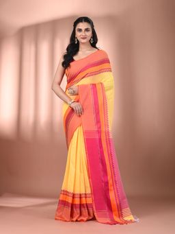 CHARUKRITI - Yellow Cotton Hand Spun Soft Texture Border Saree with Unstitched Blouse