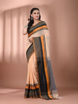 CHARUKRITI - Beige Cotton Hand Spun Soft Texture Border Saree with Unstitched Blouse