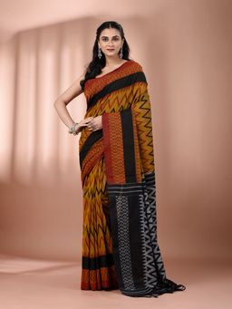 CHARUKRITI - Mustard Cotton Hand Spun Soft Ziczac Pattern Saree with Unstitched Blouse
