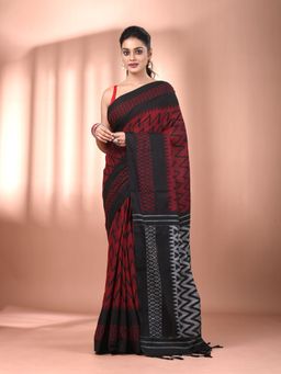 CHARUKRITI - Red Cotton Hand Spun Soft Ziczac Pattern Saree with Unstitched Blouse