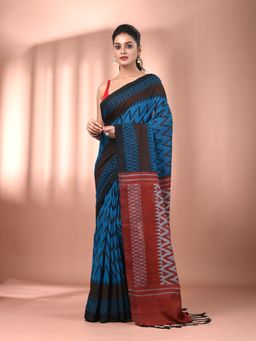 CHARUKRITI - Sapphire Blue Cotton Hand Spun Soft Ziczac Pattern Saree with Unstitched Blouse