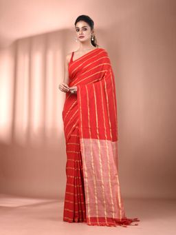 CHARUKRITI - Red Cotton Hand Spun Soft Zari Stripe Pattern Saree with Unstitched Blouse