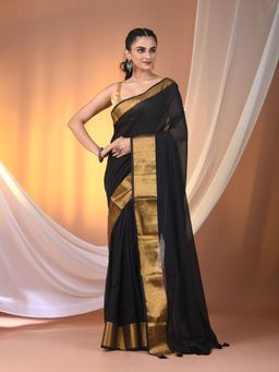 CHARUKRITI - Black Mulmul Cotton Soft Zari Borders Saree without Blouse