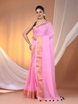 CHARUKRITI - Pink Mulmul Cotton Soft Zari Borders Saree without Blouse
