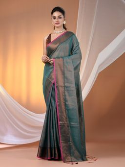 CHARUKRITI - Teal Tissue Soft Zari Borders Saree with Unstitched Blouse