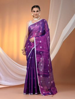 CHARUKRITI - Purple Texture Motifs Tissue Saree with Stripes Pallu & Unstitched Blouse