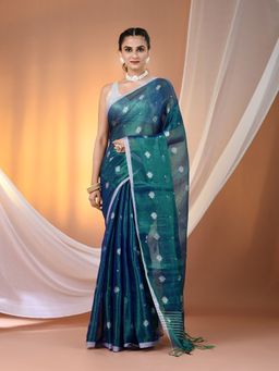 CHARUKRITI - Peacock Blue Texture Motifs Tissue Saree with Stripes Pallu & Unstitched Blouse