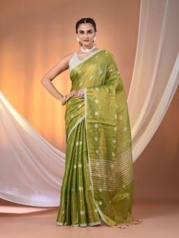 CHARUKRITI - Parrot Green Texture Motifs Tissue Saree with Stripes Pallu & Unstitched Blouse