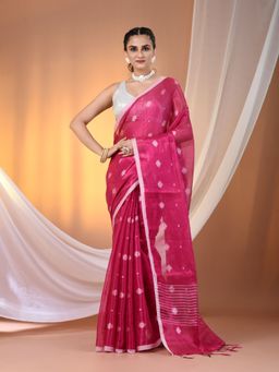 CHARUKRITI - Pink Texture Motifs Tissue Saree with Stripes Pallu & Unstitched Blouse