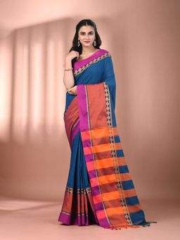 CHARUKRITI - Sapphire Blue Cotton Hand Spun Soft Texture Border Saree with Unstitched Blouse