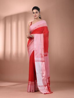 CHARUKRITI - Red Cotton Hand Spun Soft Texture Border Saree with Unstitched Blouse
