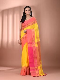 CHARUKRITI - Yellow Cotton Hand Spun Soft Texture Border Saree with Unstitched Blouse
