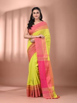 CHARUKRITI - Lime Green Cotton Hand Spun Soft Texture Border Saree with Unstitched Blouse