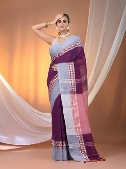CHARUKRITI - Purple Cotton Hand Spun Soft Texture Border Saree with Unstitched Blouse