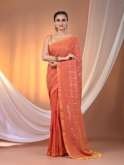 CHARUKRITI - Peach Cotton Hand Spun Soft Sequined Work Saree with Unstitched Blouse