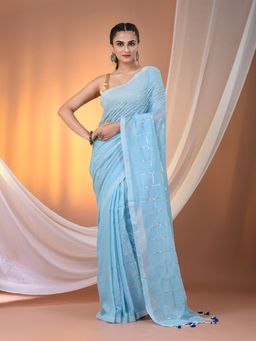 CHARUKRITI - Sky Blue Cotton Hand Spun Soft Sequined Work Saree with Unstitched Blouse