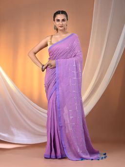 CHARUKRITI - Violet Cotton Hand Spun Soft Sequined Work Saree with Unstitched Blouse