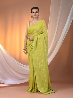CHARUKRITI - Parrot Green Cotton Hand Spun Soft Sequined Work Saree with Unstitched Blouse