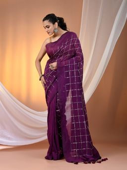 CHARUKRITI - Purple Cotton Hand Spun Soft Sequined Work Saree with Unstitched Blouse