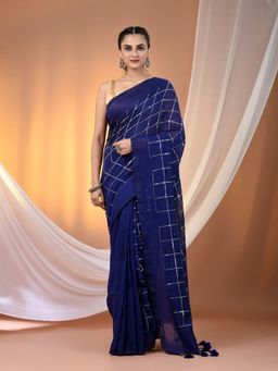 CHARUKRITI - Blue Cotton Hand Spun Soft Sequined Work Saree with Unstitched Blouse