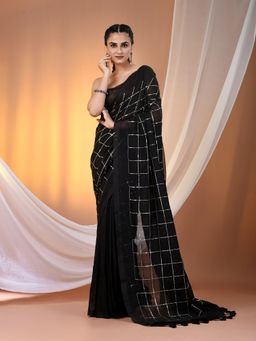 CHARUKRITI - Black Cotton Hand Spun Soft Sequined Work Saree with Unstitched Blouse