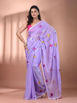 CHARUKRITI - All Over Thread Embroidery Violet Mulmul Cotton Saree without Blouse