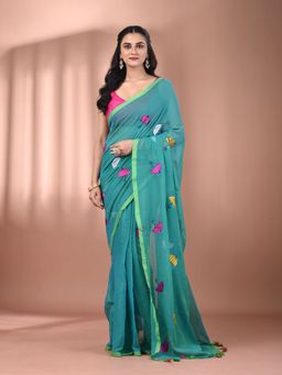 CHARUKRITI - All Over Thread Embroidery Sea Green Mulmul Cotton Saree without Blouse
