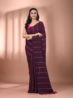 CHARUKRITI - Burgundy Cotton Hand Spun Soft Stripe Pattern Saree with Unstitched Blouse
