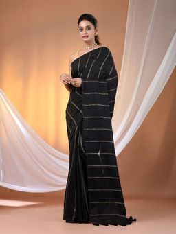CHARUKRITI - Black Cotton Hand Spun Soft Stripe Pattern Saree with Unstitched Blouse