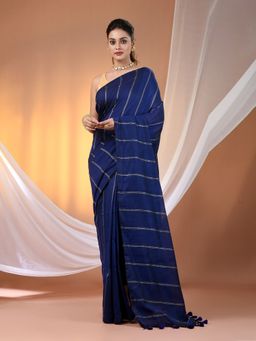 CHARUKRITI - Blue Cotton Hand Spun Soft Stripe Pattern Saree with Unstitched Blouse