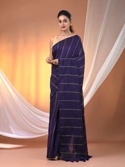 CHARUKRITI - Purple Cotton Hand Spun Soft Stripe Pattern Saree with Unstitched Blouse