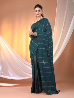 CHARUKRITI - Teal Cotton Hand Spun Soft Stripe Pattern Saree with Unstitched Blouse
