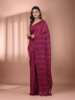 CHARUKRITI - Magenta Cotton Hand Spun Soft Stripe Pattern Saree with Unstitched Blouse
