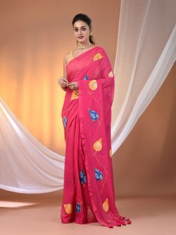 CHARUKRITI - Pink Mulmul Cotton Soft Applique Work Saree without Blouse