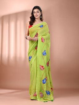 CHARUKRITI - Parrot Green Mulmul Cotton Soft Applique Work Saree without Blouse