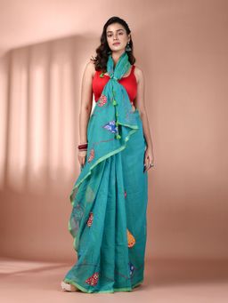 CHARUKRITI - Sea Green Mulmul Cotton Soft Applique Work Saree without Blouse
