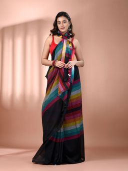 CHARUKRITI - Black And Multicolor Colorblocked Mulmul Cotton Saree without Blouse